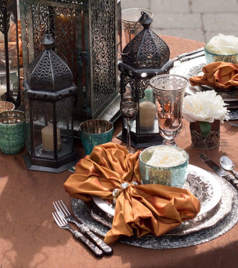 Burnt Orange on Pewter Dishes with Moroccan Lanterns