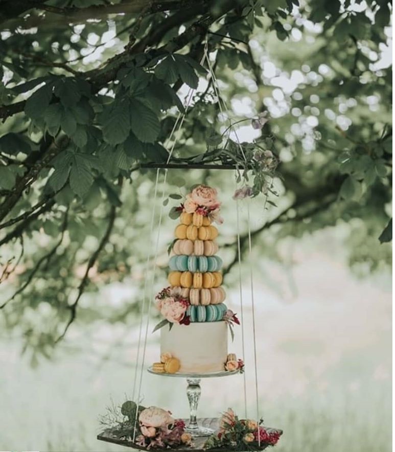Macaron Wedding Cake on a Swing by CakeBread Artisan Bakery and Karen Bezaire Design
