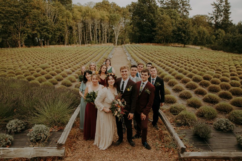 Charming Farm Wedding Party stands in lavender field at Bilston Creek Farm by LumiPhoto