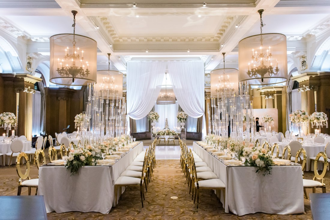 Vancouver Club Wedding Ballroom in white decor and roses