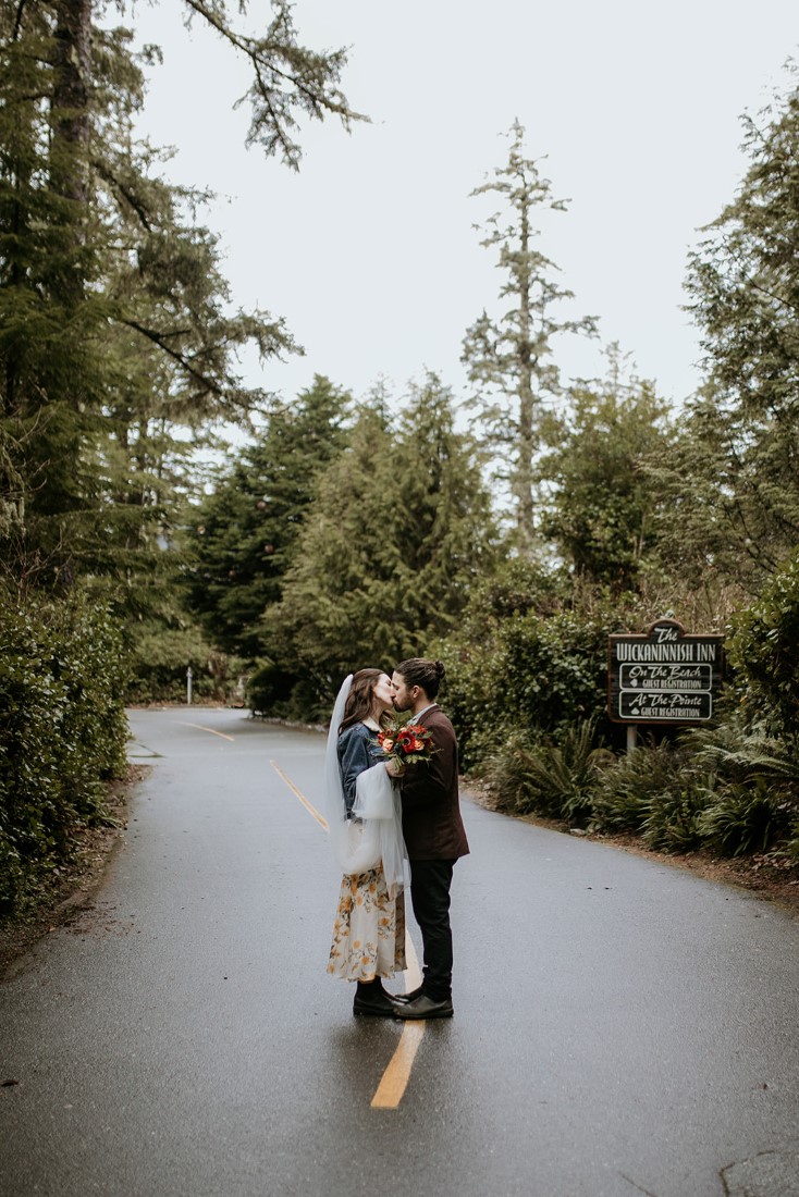 Newlyweds on road outside Wickaninnish Inn Tofino