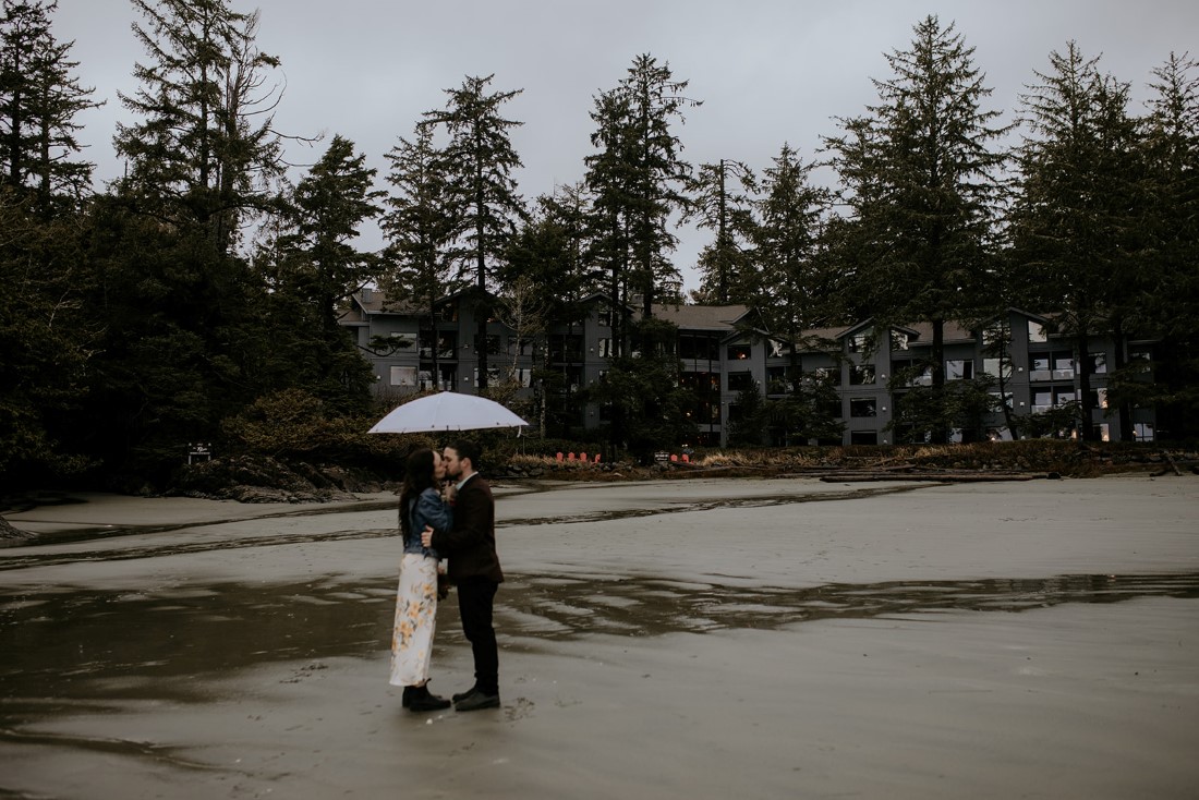 Tofino Bride and Groom on the beach under an unbrella at Wickaninnish Inn