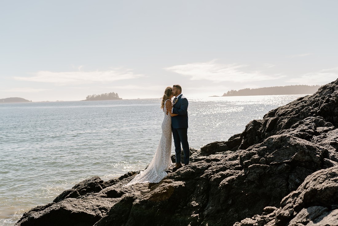 Beach Wed in Tofino newlyweds with ocean behind them