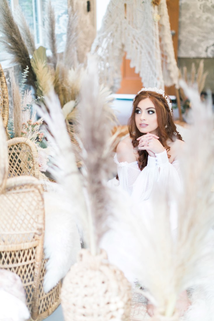 Macramé Boho Simply Sweet Photography bride sits amongst pampas grass