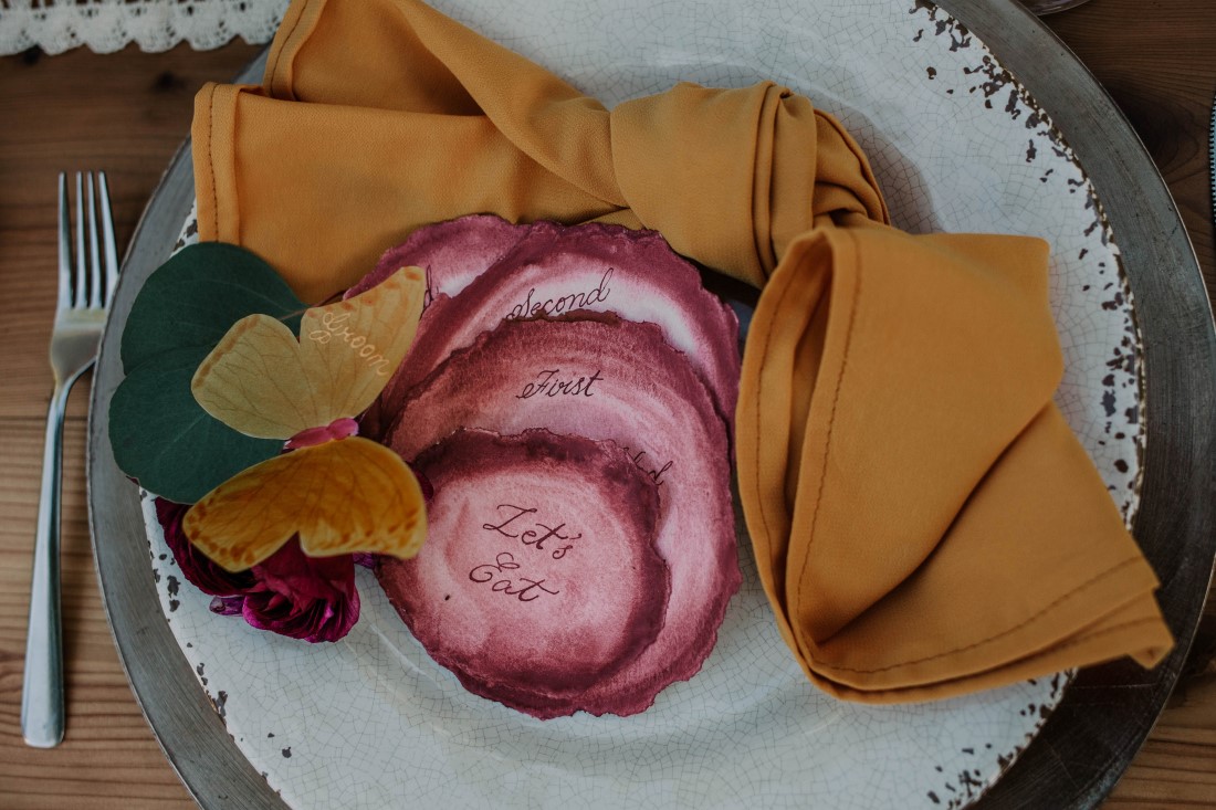 Deep yellow napkin with burgundy paper suite by Penned Creations Vancouver Island