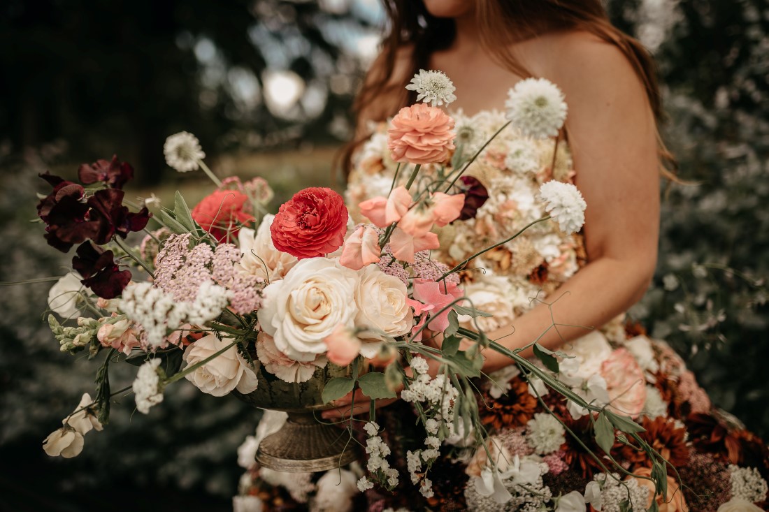 Flirty Floral Gown at Dandelion Farm with Ingrid Rose Artistry on Vancouver Island