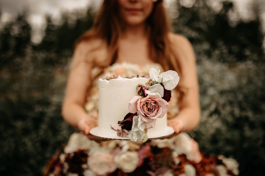 Wildflower Wedding Dessert White bridal cake with roses and pressed flowers by Schur to Please on Vancouver Island