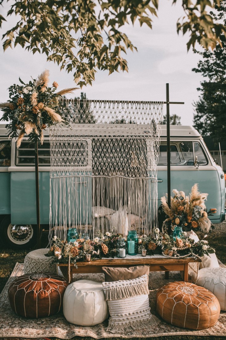 blue westfalia volkswagon with macrame wedding backdrop in Vancouver