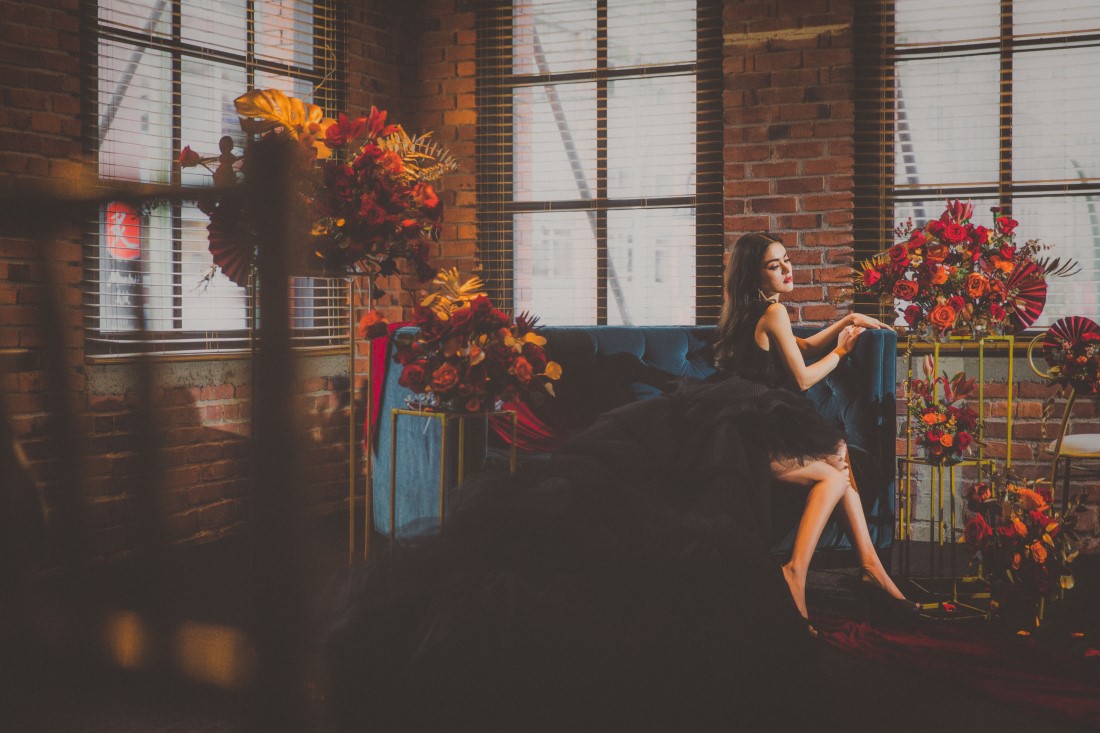 Old Hollywood meets Modern Rose Bride in Black Gown Royal Rebel Bride at Yaletown Vancouver Loft