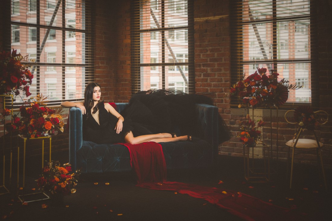 IDO Studio Bride on Sofa Royal Rebel Bride at Yaletown Vancouver Loft