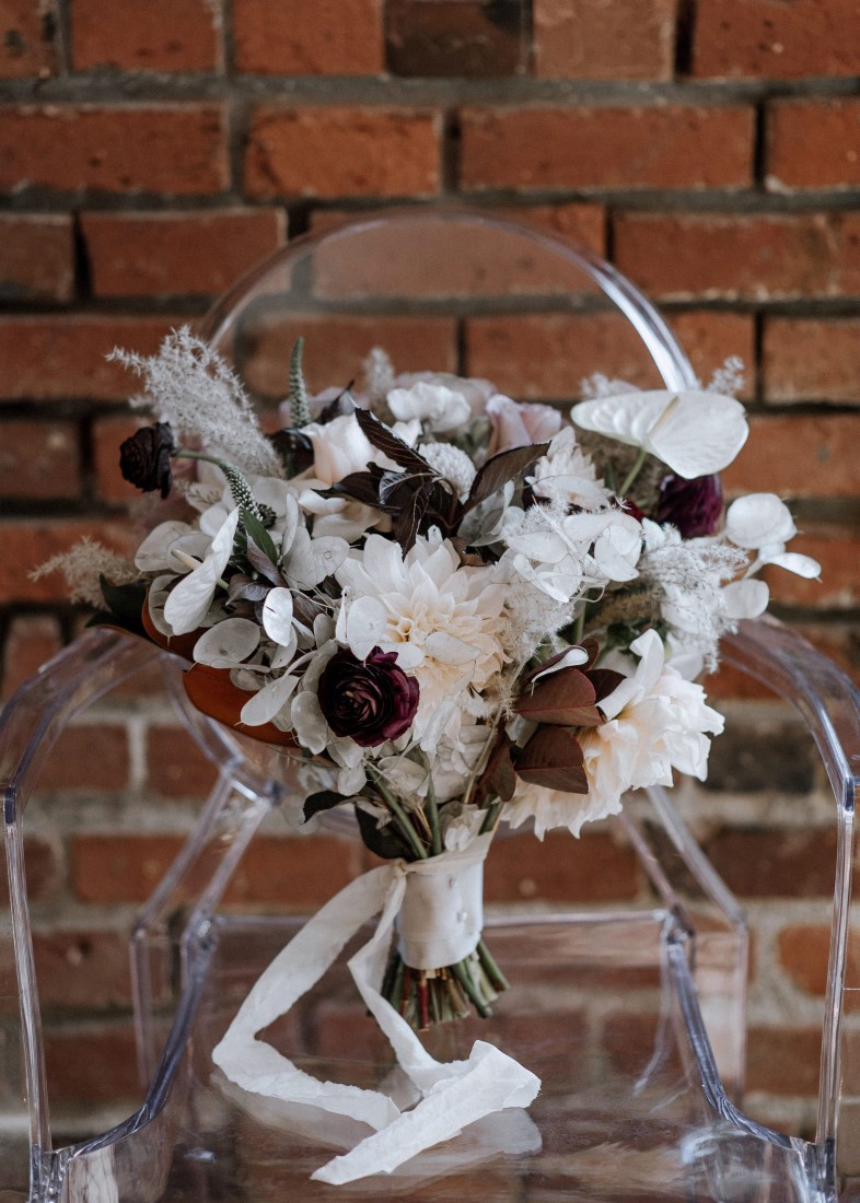 Kaoverii Silva Photographer Bridal Bouquet on Ghost Chair Modern Vintage Wedding at The Loft