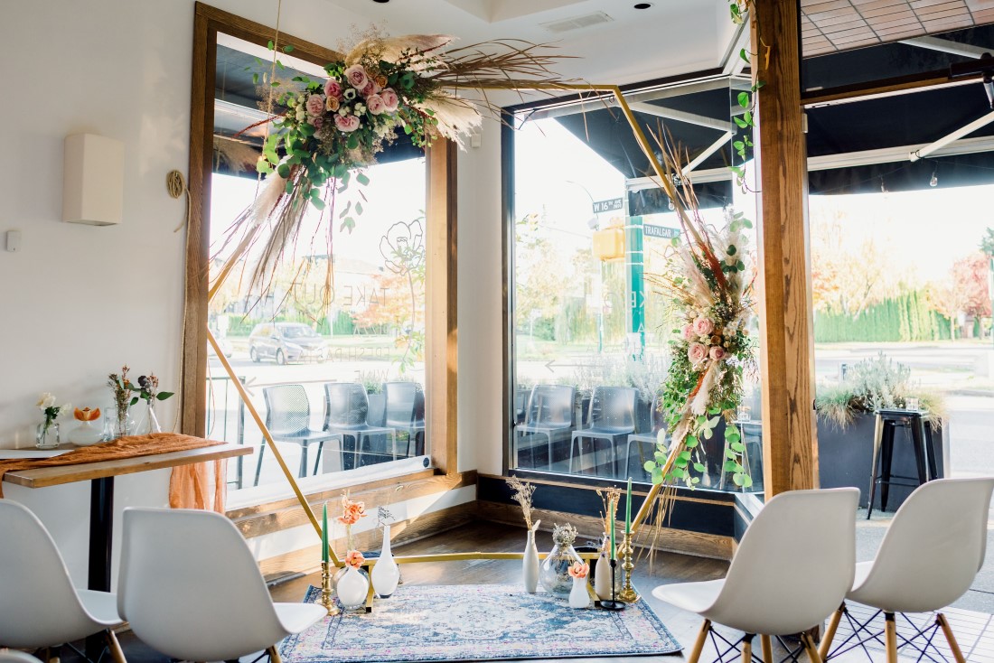 Gold Wedding Ceremony Arch with flowers at Fiore and Famiglia Vancouver