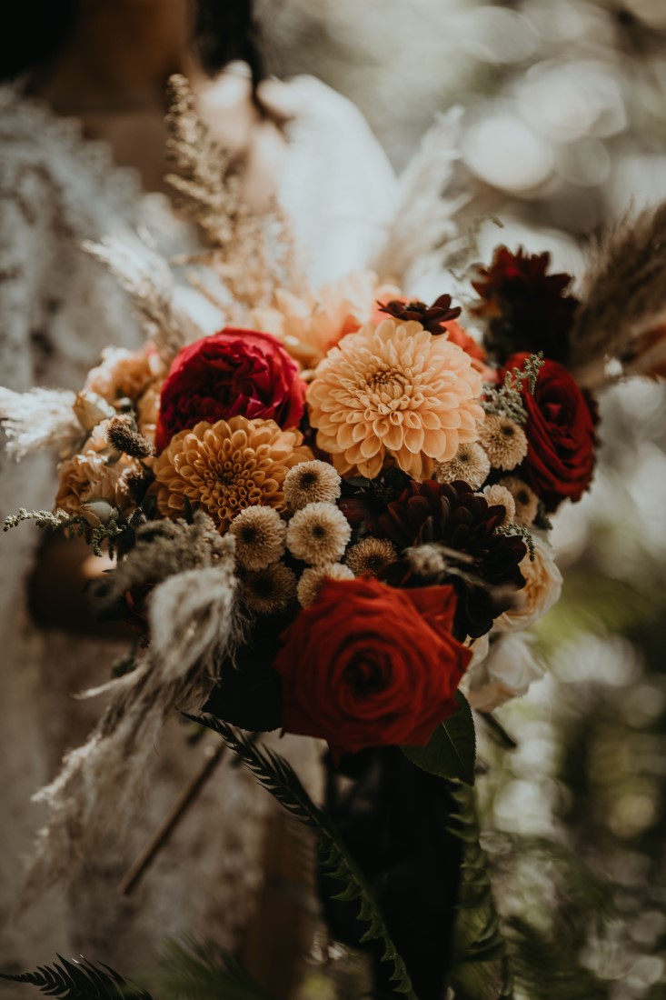 Red and yellow dahlia bridal bouquet by Platinum Floral on Vancouver Island