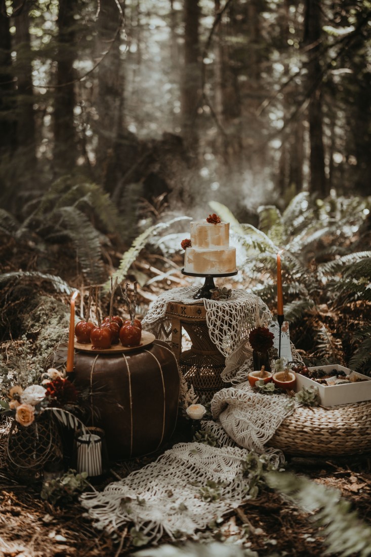 Newlywed forest picnic featuring red apples on wood barrel