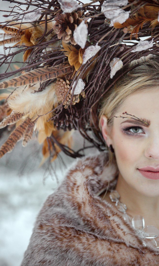 Winter Bride with Willow Headdress and face twig jewelery by Vancouver Mobile Makeup