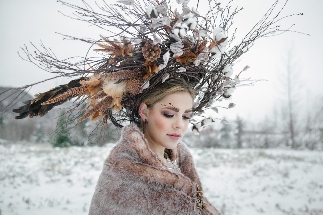 Willow and feather winter bride headdress by Deborah Lee Designs Vancouver
