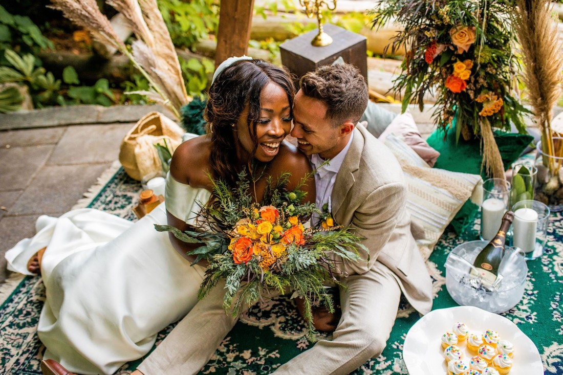 Vibrant + Virtual wedding couple in picnic set up 