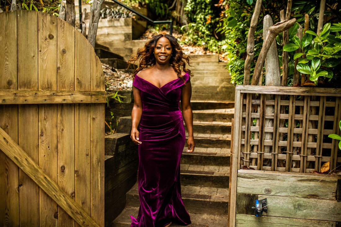 Bride in purple velvet reception gown in Vancouver