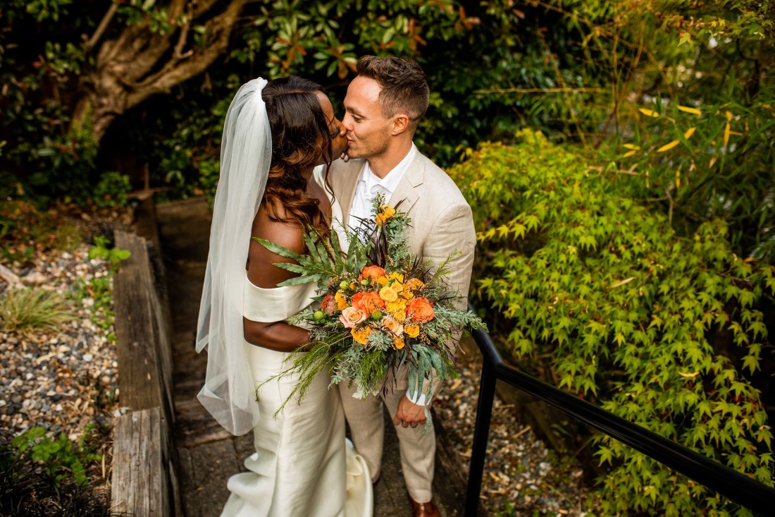 Bride and Groom on Garden steps in Vancouver