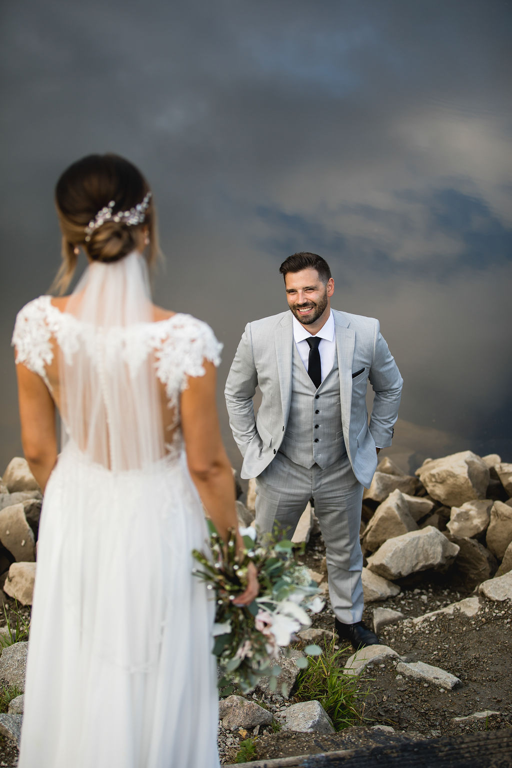 Groom smiles up at bride in Vancouver