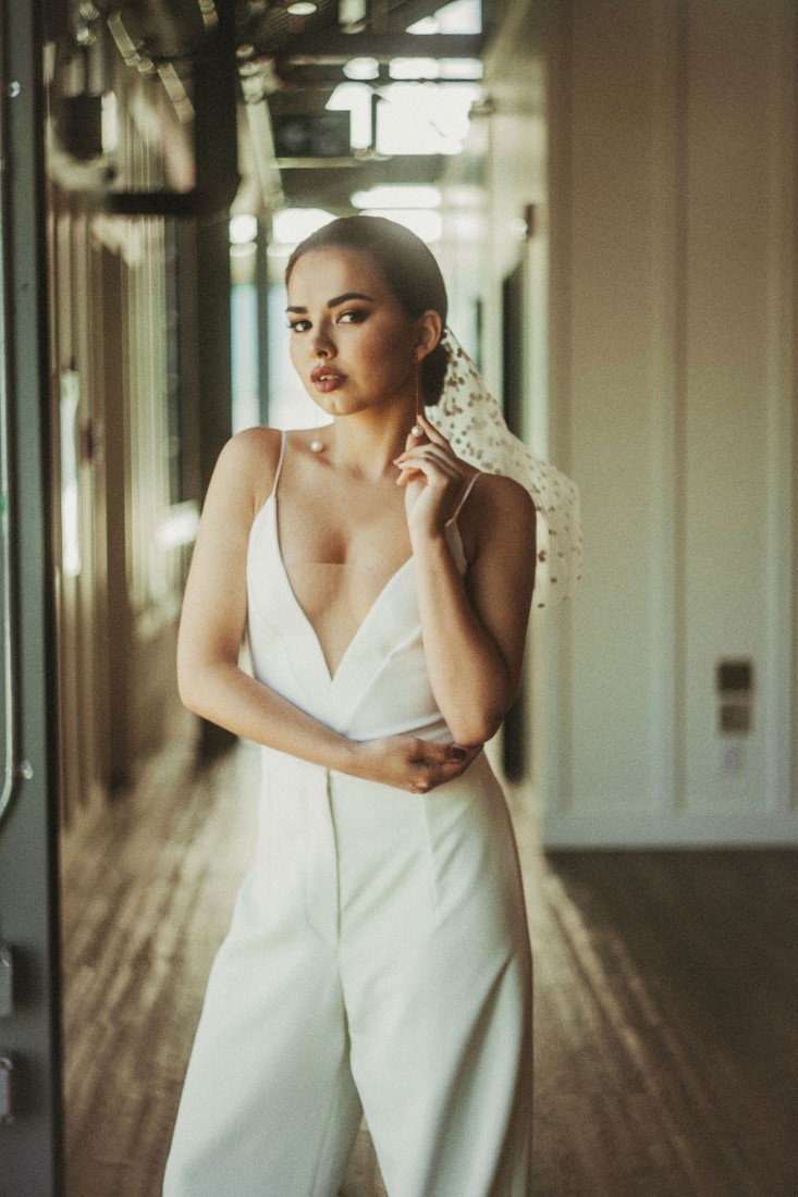 Bride in pantsuit by Jane Rhyan Vancouver