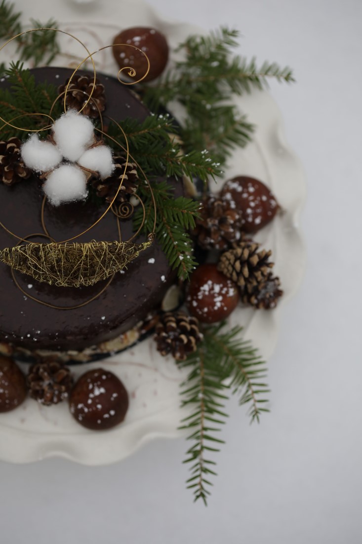 Chocolate cheesecake decorated with pine cones and greenery