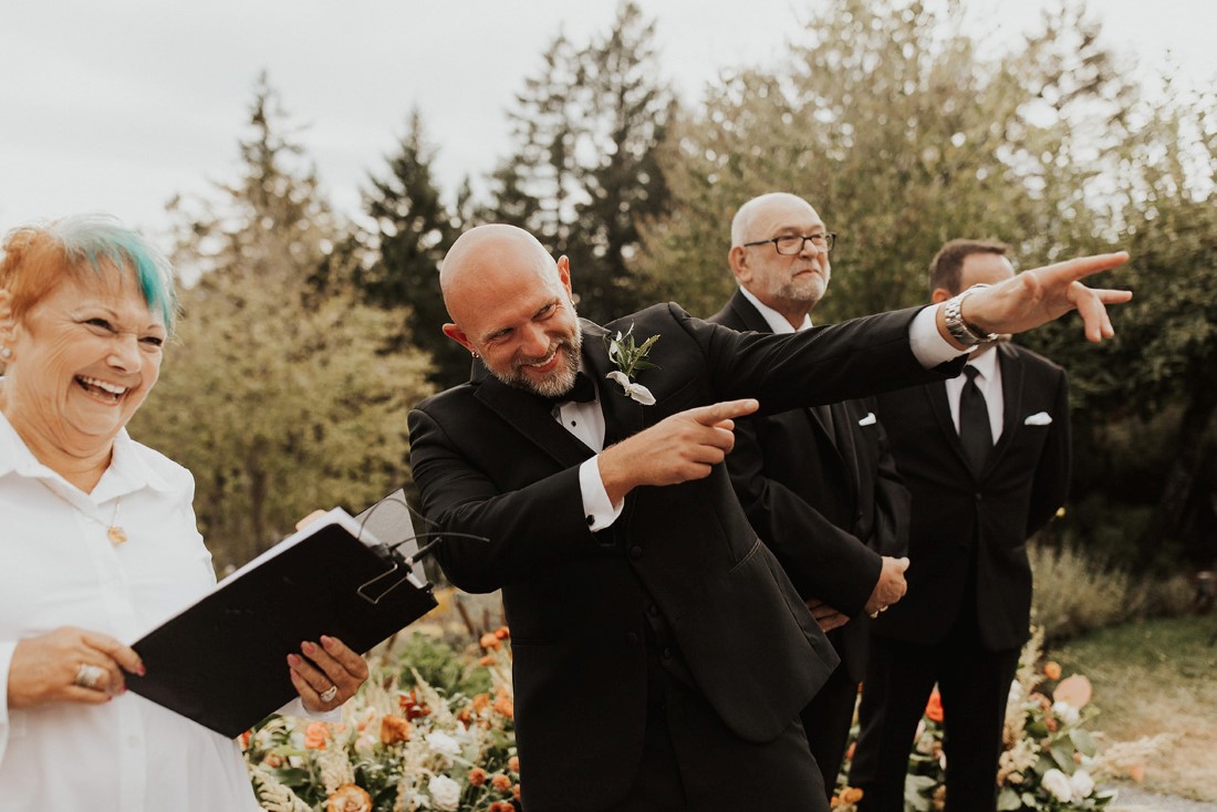 Groom reacts to seeing bride walk down the aisle at Villa Eyrie