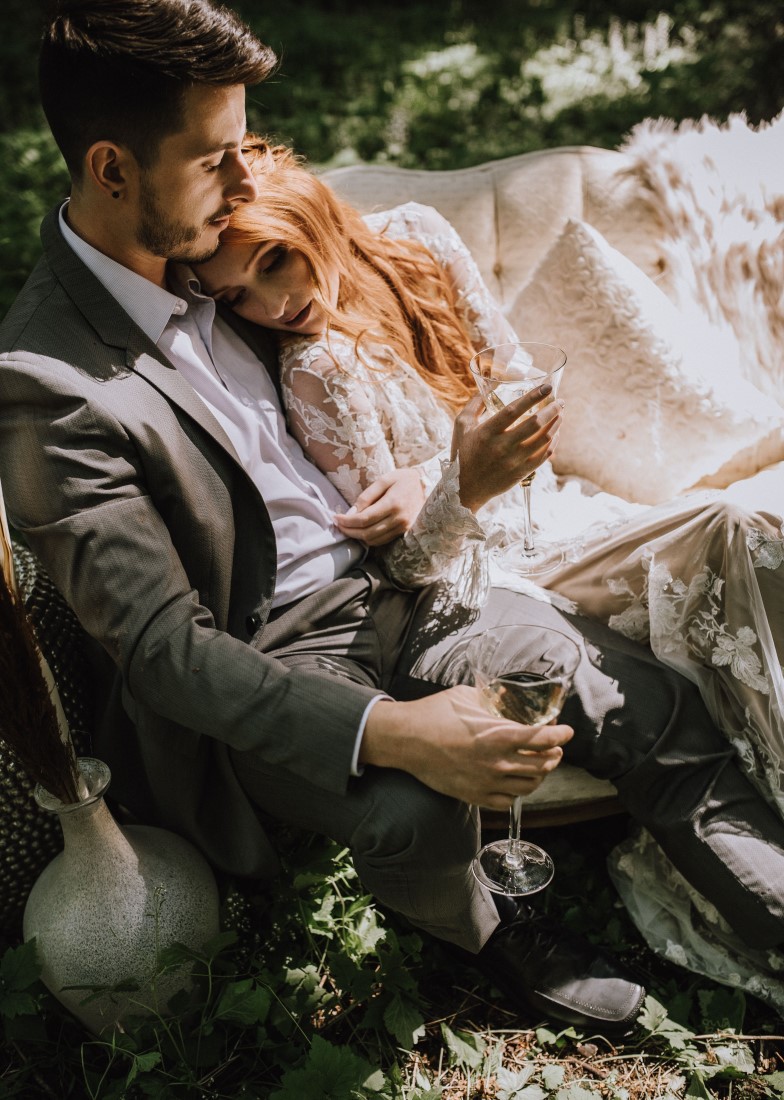 Into the Woods newlyweds quietly sit in the sun on Vancouver Island