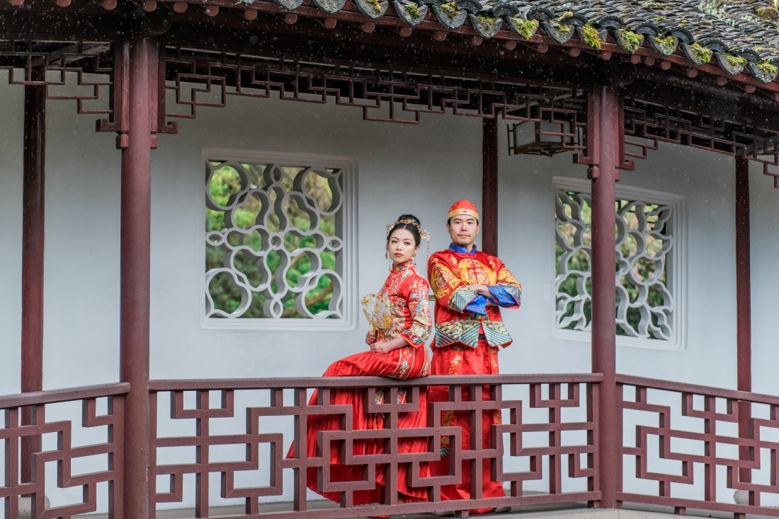 Good Fortune Engagement in Vancouver gardens