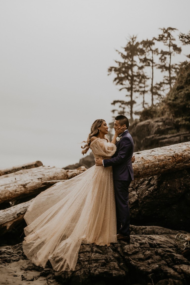 Sweeping Blush Dress on Tofino bride