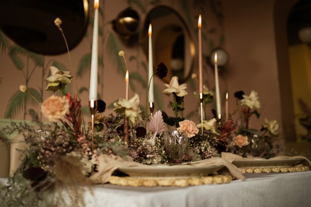 Playful + Pink table decor with candles and flowers