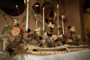 Playful + Pink table decor with candles and flowers