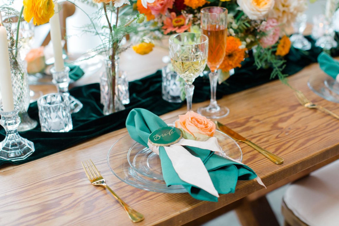 Somewhere Over the Rainbow Wedding Table Setting with Emerald Napkin