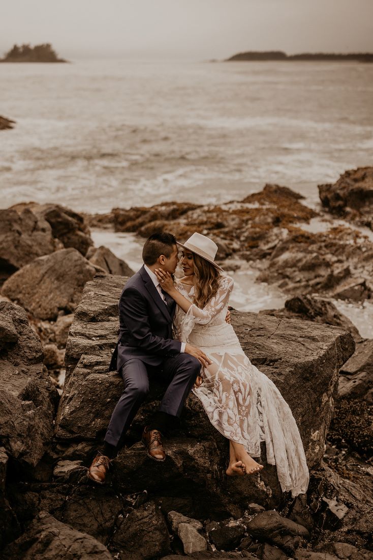 Ethereal Elopement Newlyweds on Tofino Rocks