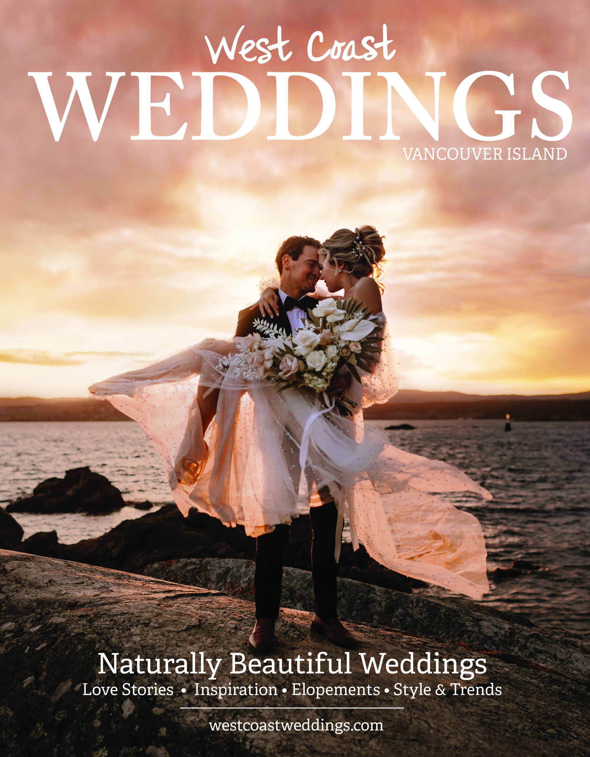 Vancouver Island newlyweds at sunset by Myrtle and Moss Photography cover for West Coast Weddings Magazine