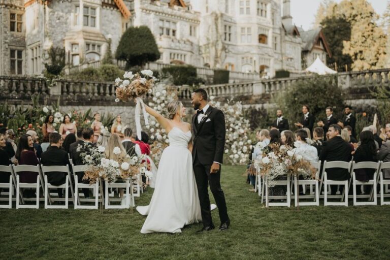 bride and groom share a kiss after their garden ceremony at Hatley Castle