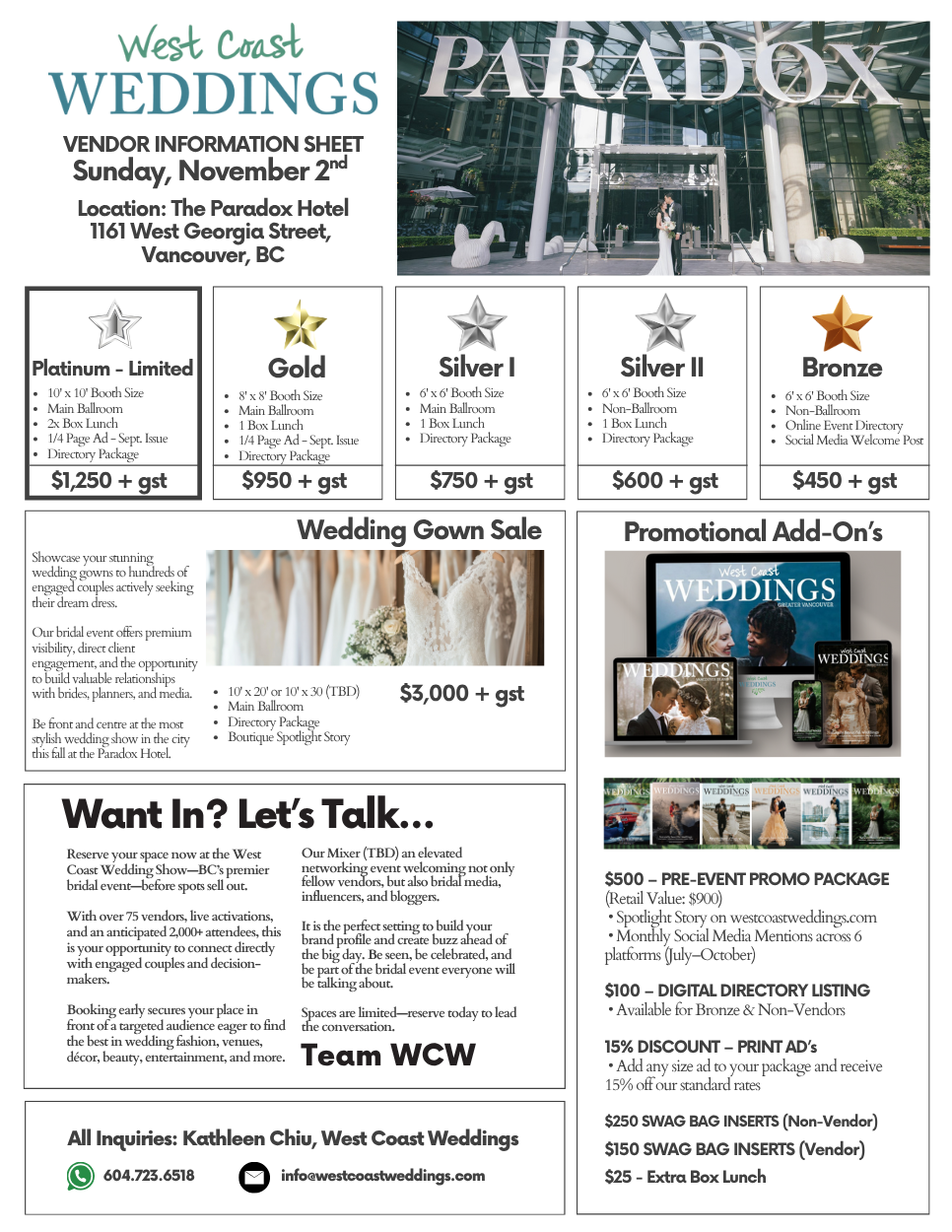 wcw event price sheet, vancouver, bc, paradox