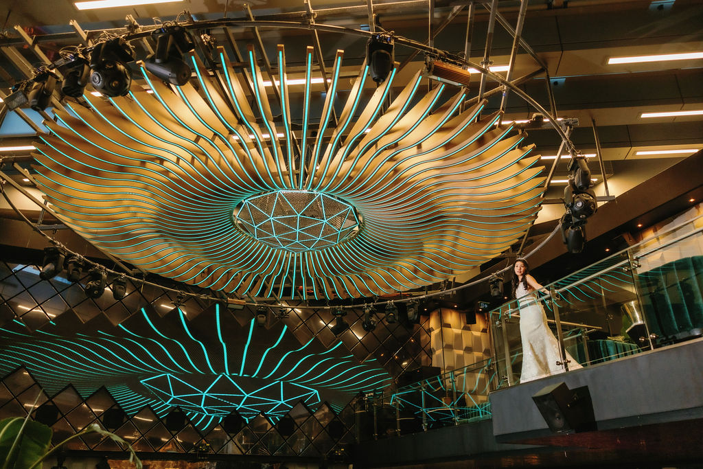 bride looks at ceiling at Paradox Hotel Vancouver nightclub
